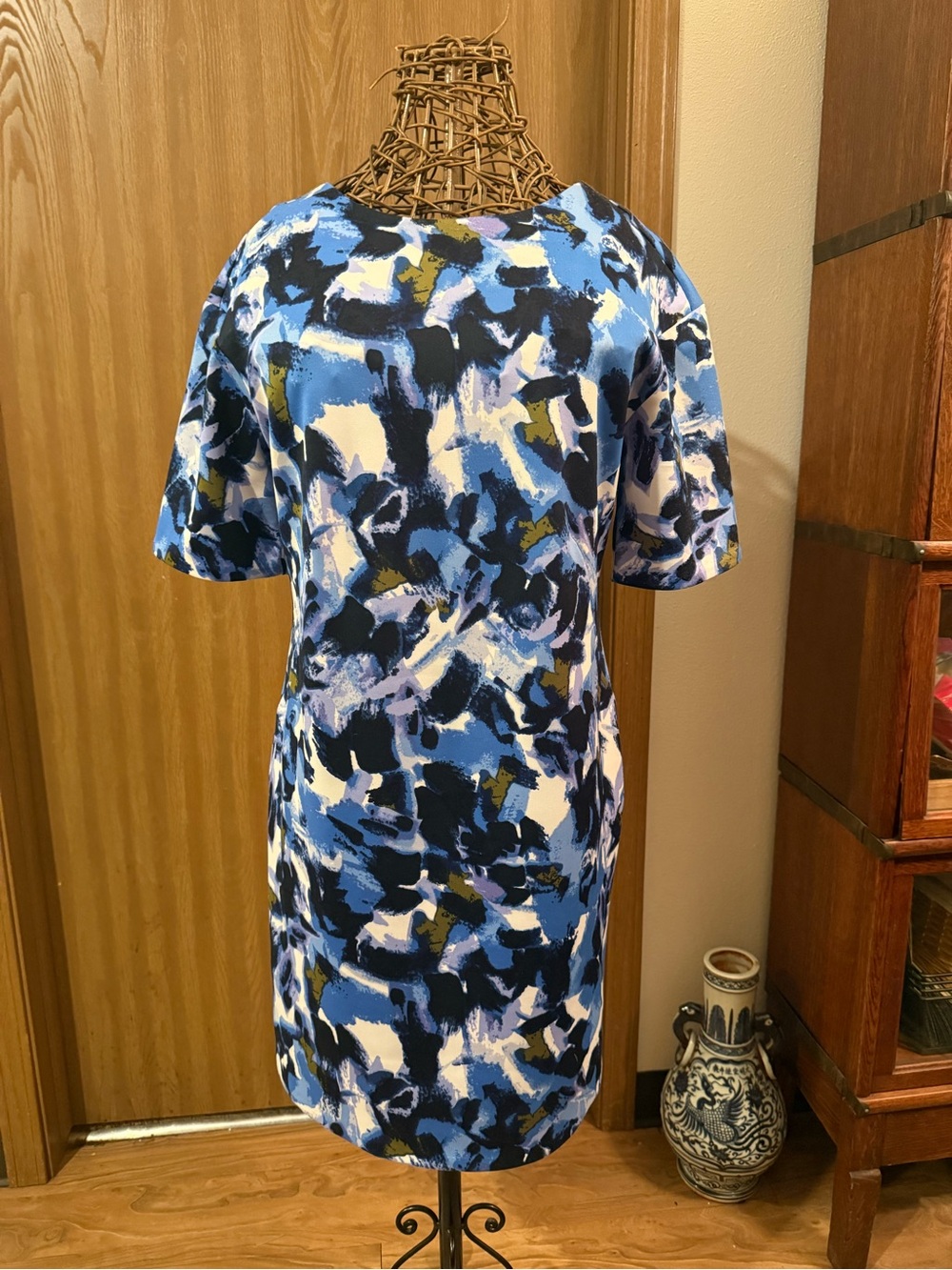 Halston Heritage Blue Navy & White Abstract Short-Sleeve Shift